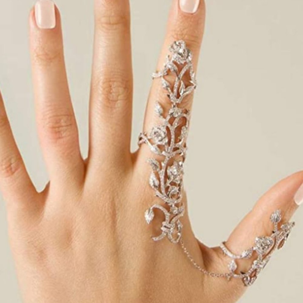 Silver Crystal Hand Vine Ring